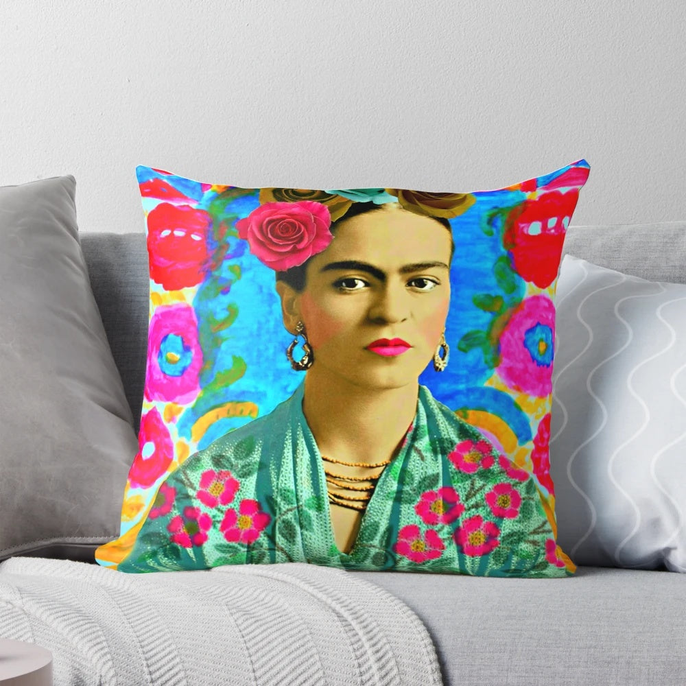 Colorful Frida Kahlo-inspired floral throw pillow