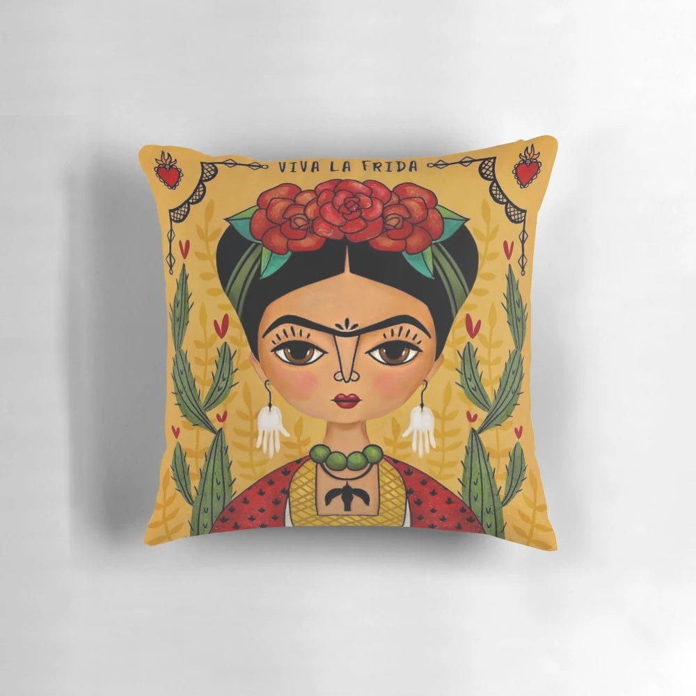 Colorful throw pillow featuring a vibrant illustration of the renowned Mexican artist Frida Kahlo.