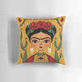 Colorful throw pillow featuring a vibrant illustration of the renowned Mexican artist Frida Kahlo.