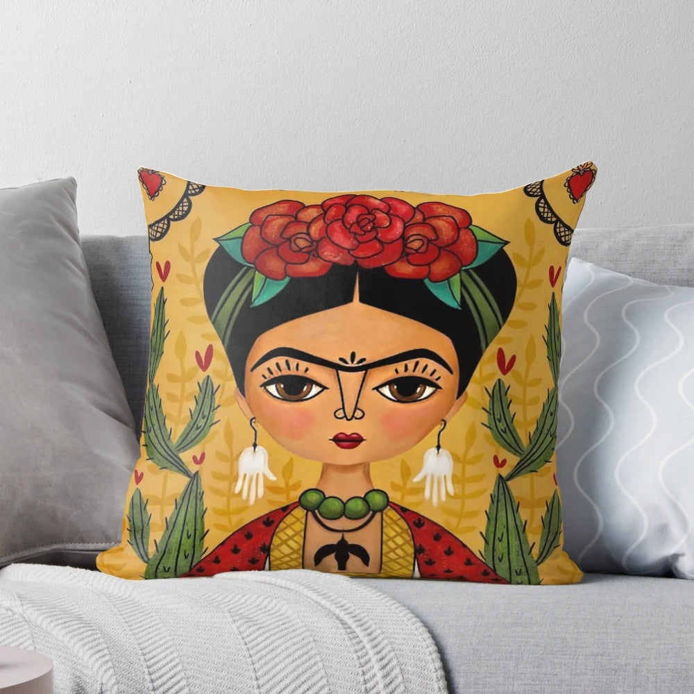 Colorful throw pillow featuring a vibrant illustration of the renowned Mexican artist Frida Kahlo.