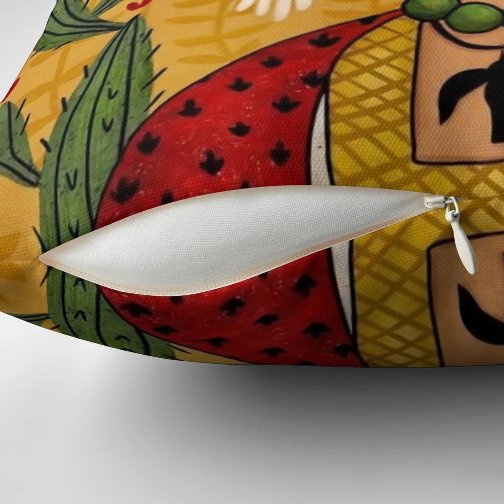 Colorful throw pillow featuring a vibrant illustration of the renowned Mexican artist Frida Kahlo.