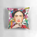Colorful custom pillow featuring a Frida Kahlo-inspired floral design with birds and butterflies