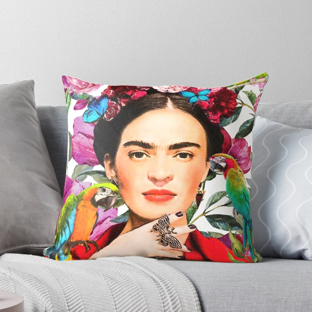 Colorful custom pillow featuring a Frida Kahlo-inspired floral design with birds and butterflies