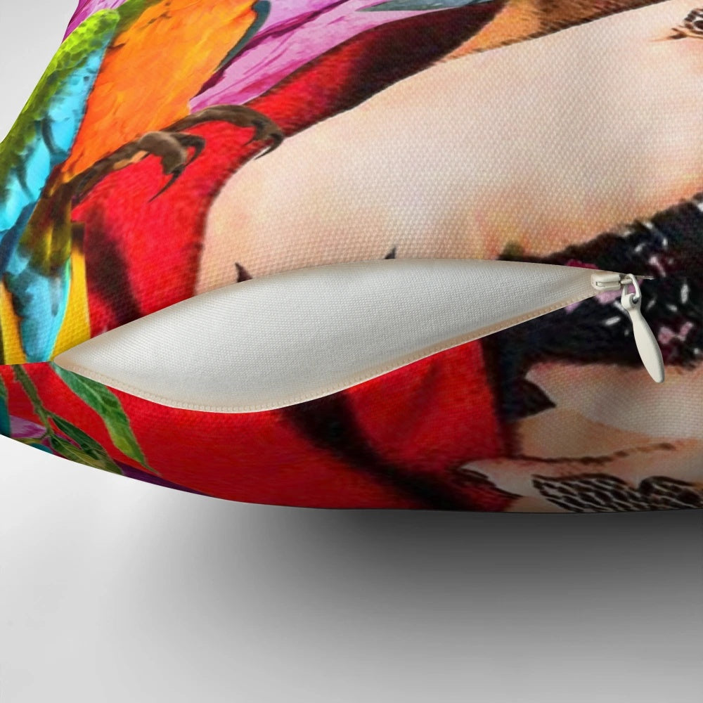 Colorful custom pillow featuring a Frida Kahlo-inspired floral design with birds and butterflies