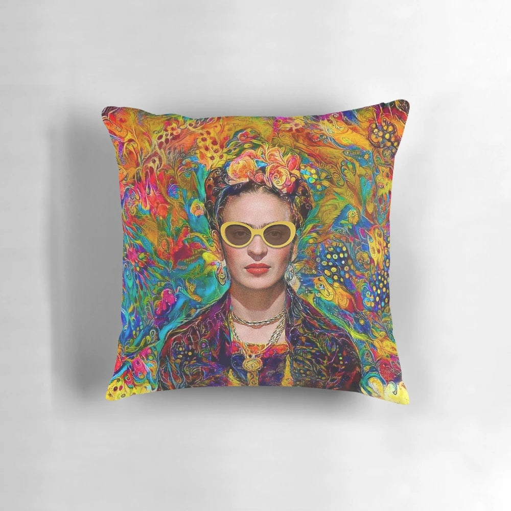 Colorful throw pillow featuring a portrait of Mexican artist Frida Kahlo