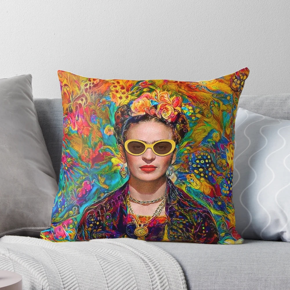 Colorful throw pillow featuring a portrait of Mexican artist Frida Kahlo