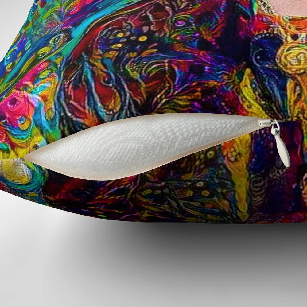 Colorful throw pillow featuring a portrait of Mexican artist Frida Kahlo