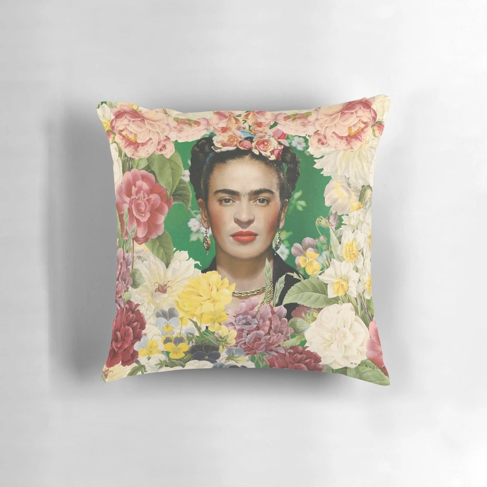 Colorful floral pillow design featuring the iconic imagery of Frida Kahlo
