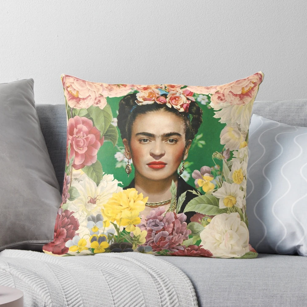 Colorful floral pillow design featuring the iconic imagery of Frida Kahlo