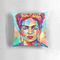 Colorful pillow featuring artistic interpretation of Frida Kahlo's iconic self-portrait