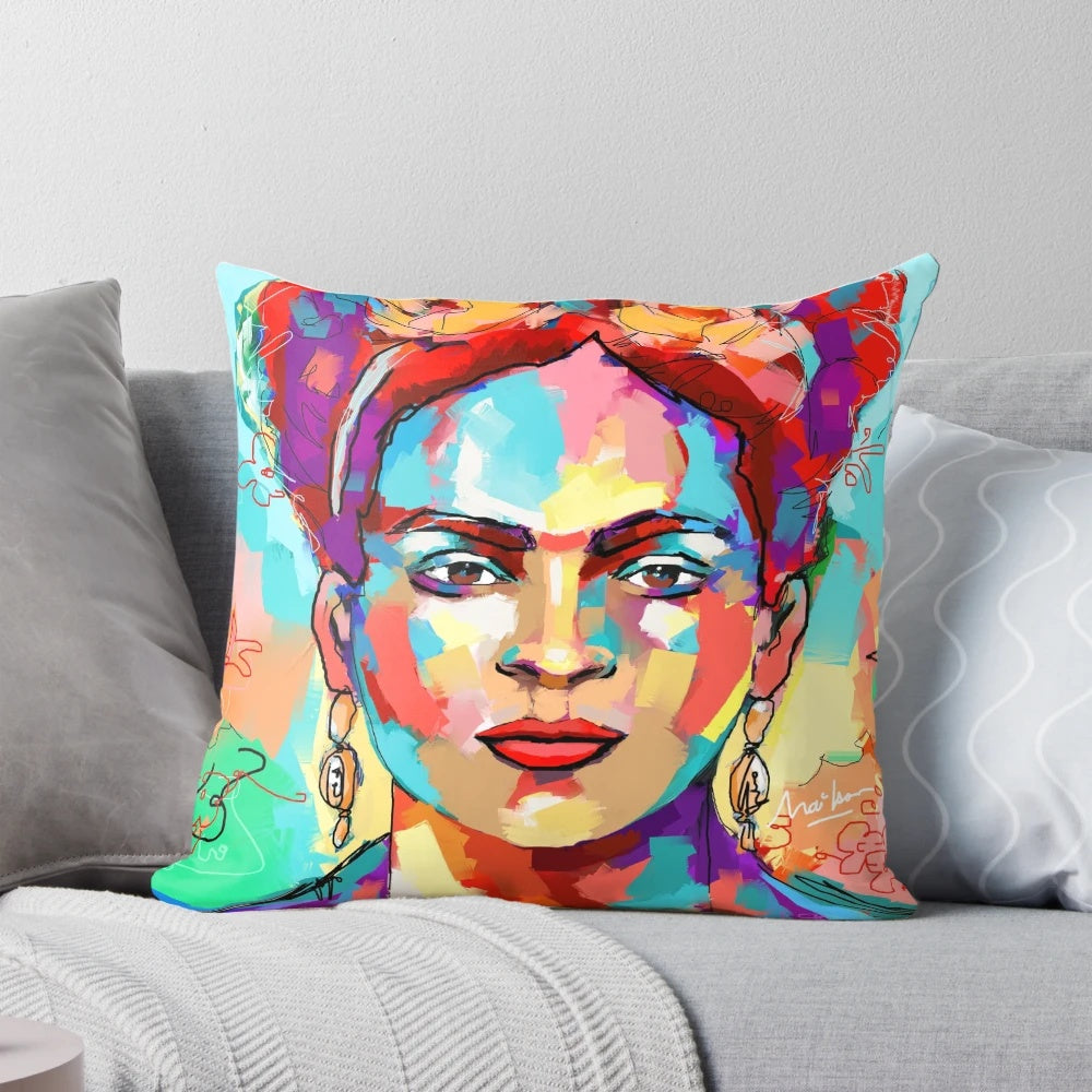 Colorful pillow featuring artistic interpretation of Frida Kahlo's iconic self-portrait