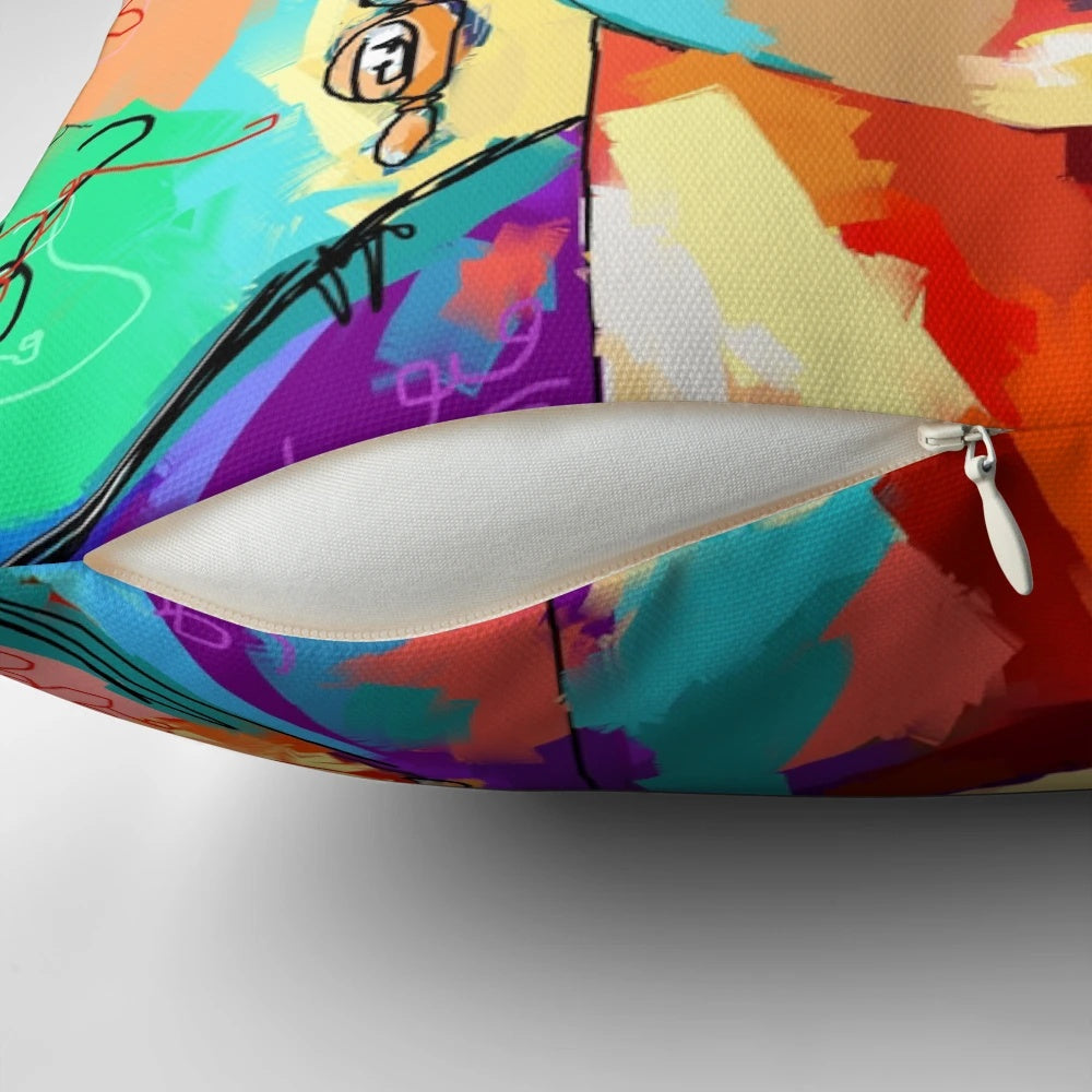 Colorful pillow featuring artistic interpretation of Frida Kahlo's iconic self-portrait