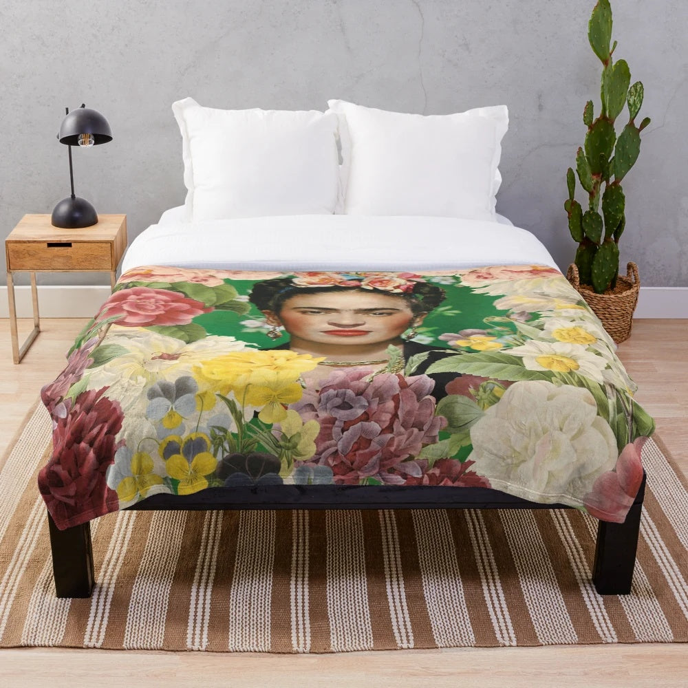 Frida Kahlo inspired plush blanket with colorful floral design
