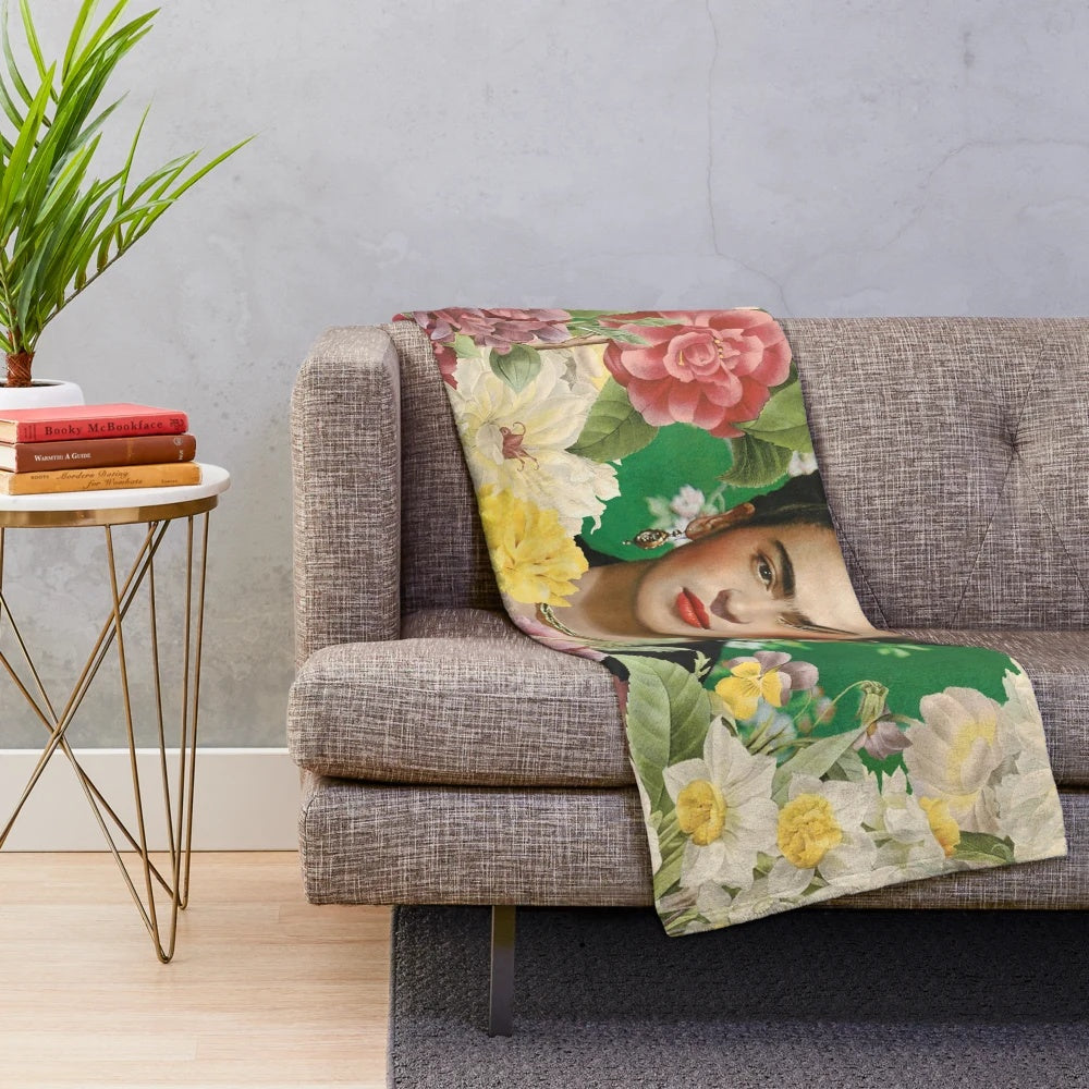 Frida Kahlo inspired plush blanket with colorful floral design