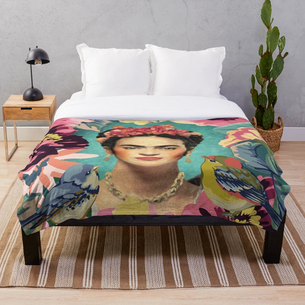 Colorful Frida Kahlo inspired plush blanket featuring the iconic artist's portrait