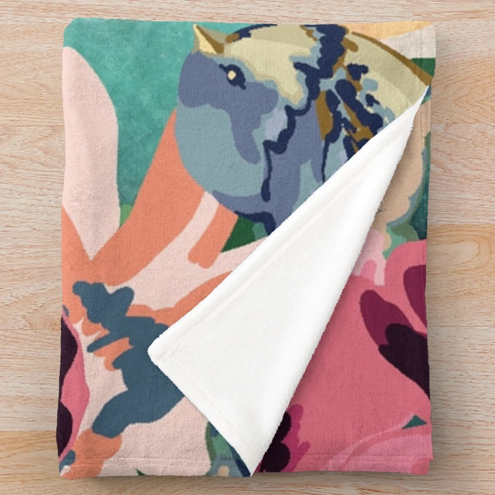 Colorful Frida Kahlo inspired plush blanket featuring the iconic artist's portrait
