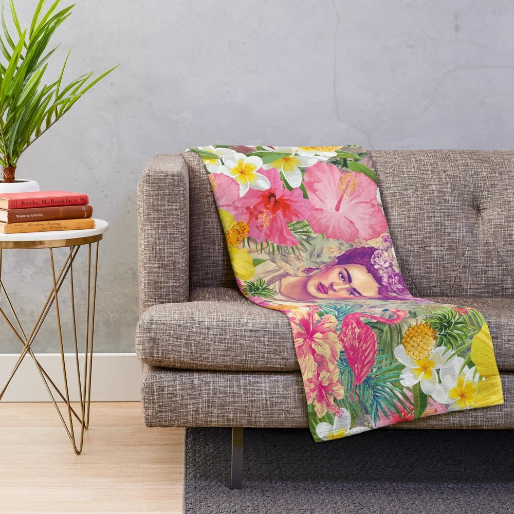 Frida Kahlo inspired plush blanket with vibrant colors and Mexican art design