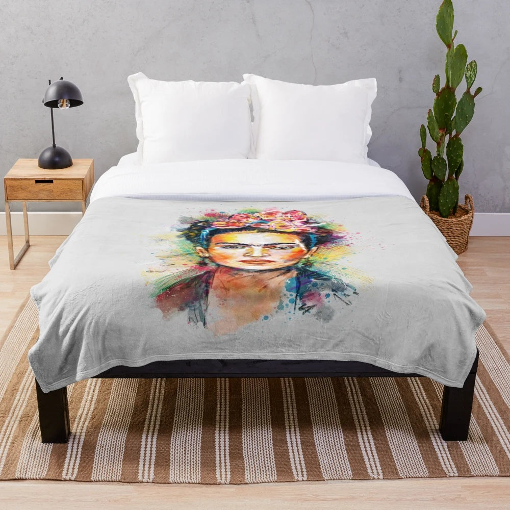 Colorful Frida Kahlo inspired plush blanket with abstract portrait