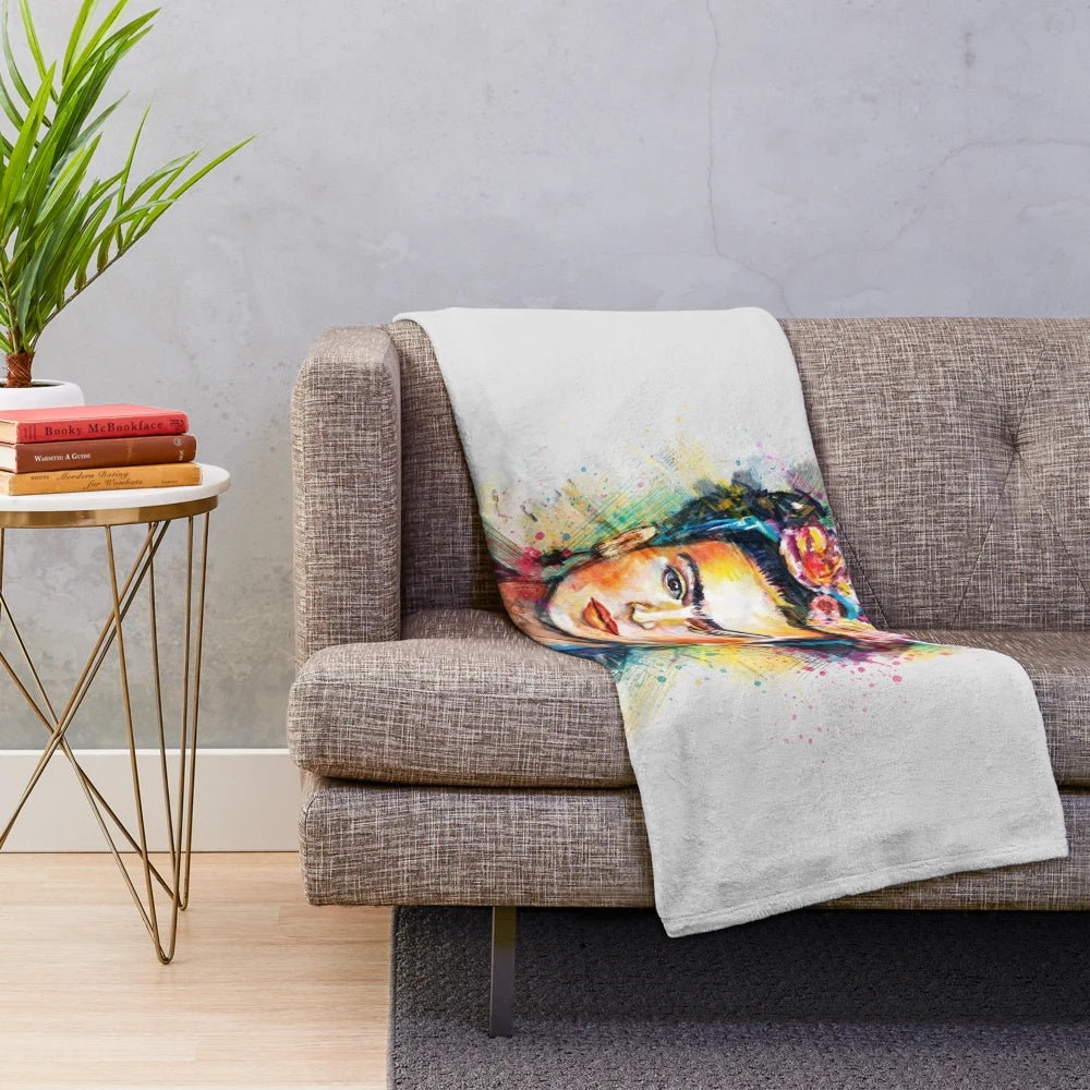 Colorful Frida Kahlo inspired plush blanket with abstract portrait