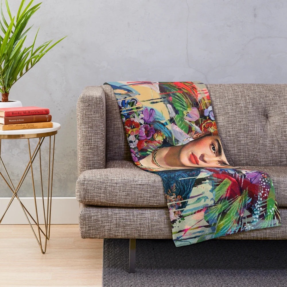 Frida Kahlo pop art inspired plush blanket with vibrant colors