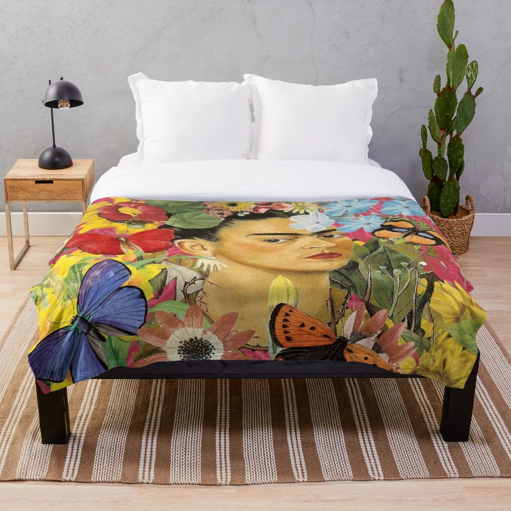 Colorful floral plush blanket featuring Frida Kahlo inspired imagery