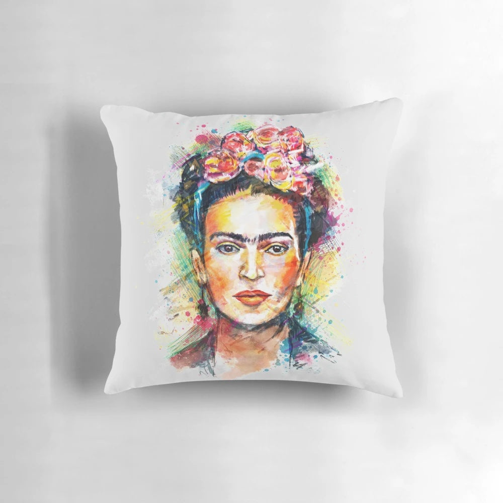 Colorful abstract portrait pillow featuring the iconic artist Frida Kahlo's expressive face