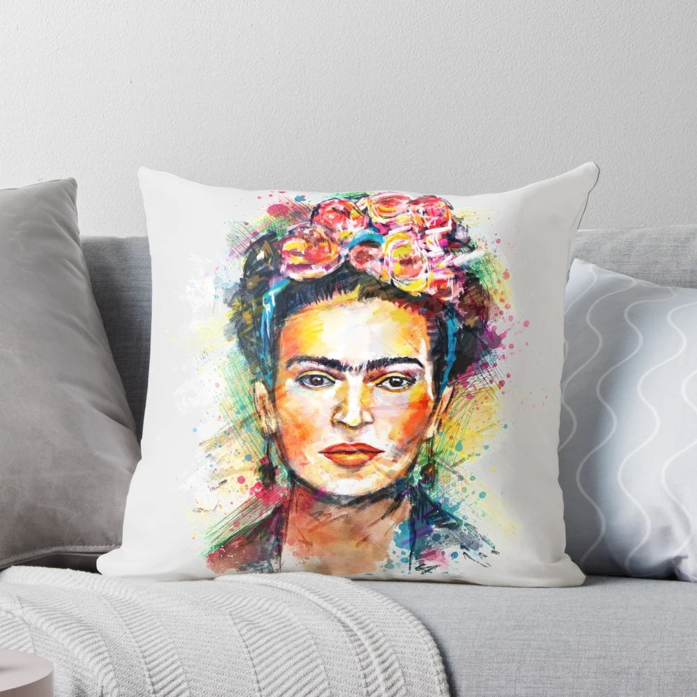 Colorful abstract portrait pillow featuring the iconic artist Frida Kahlo's expressive face