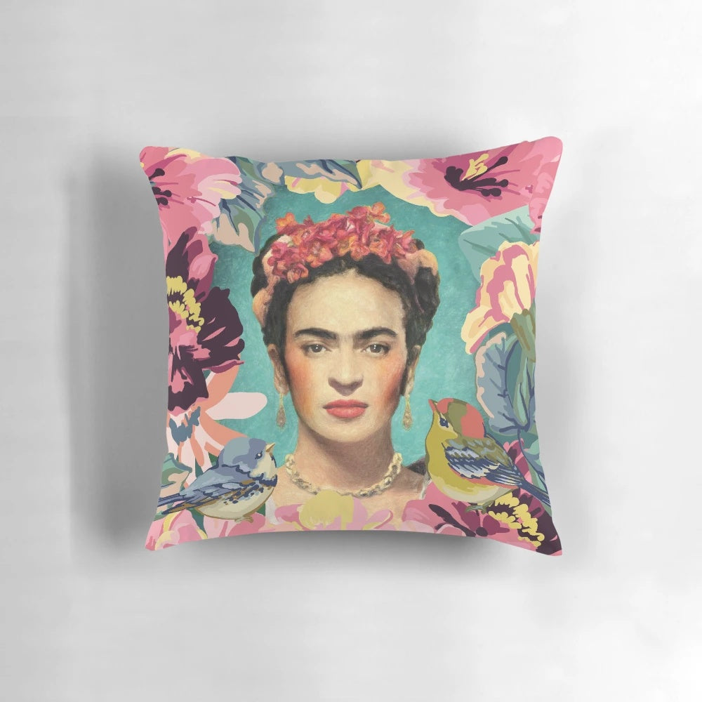 Decorative pillow featuring a vibrant portrait of Mexican artist Frida Kahlo