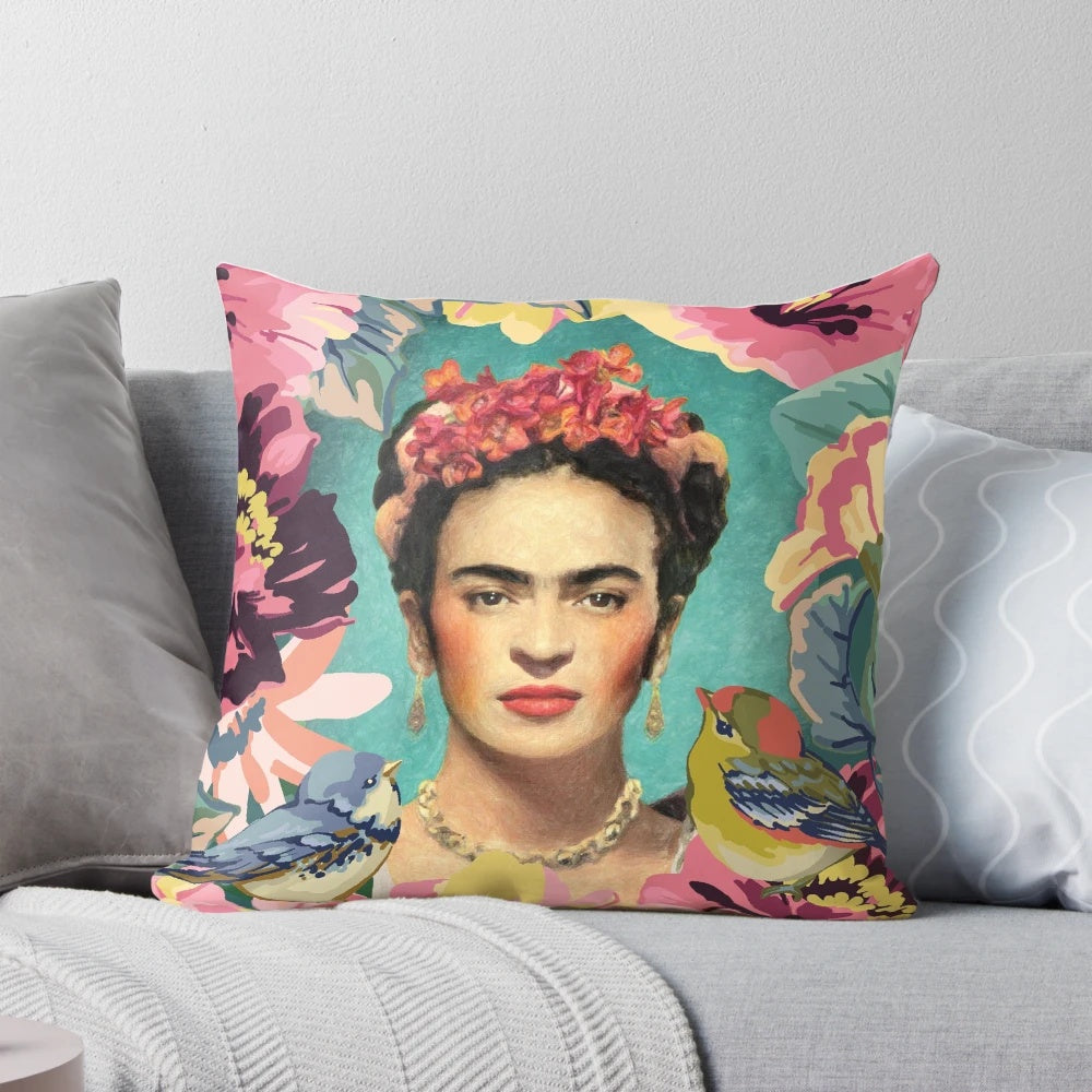 Decorative pillow featuring a vibrant portrait of Mexican artist Frida Kahlo