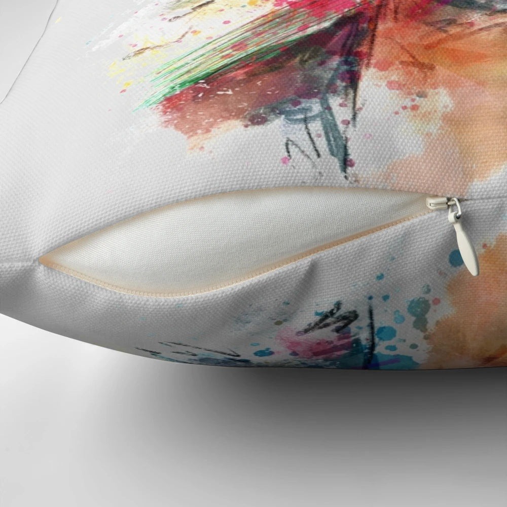 Colorful abstract portrait pillow featuring the iconic artist Frida Kahlo's expressive face