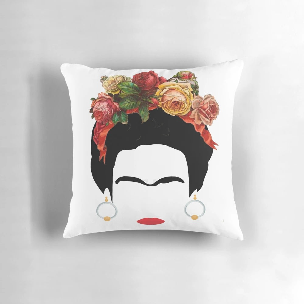 Colorful throw pillow featuring a vibrant Frida Kahlo-inspired design with roses
