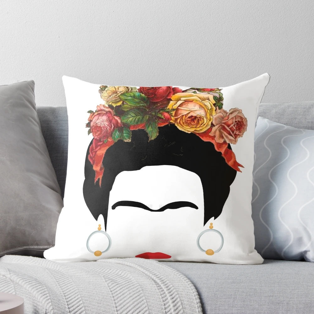 Colorful throw pillow featuring a vibrant Frida Kahlo-inspired design with roses