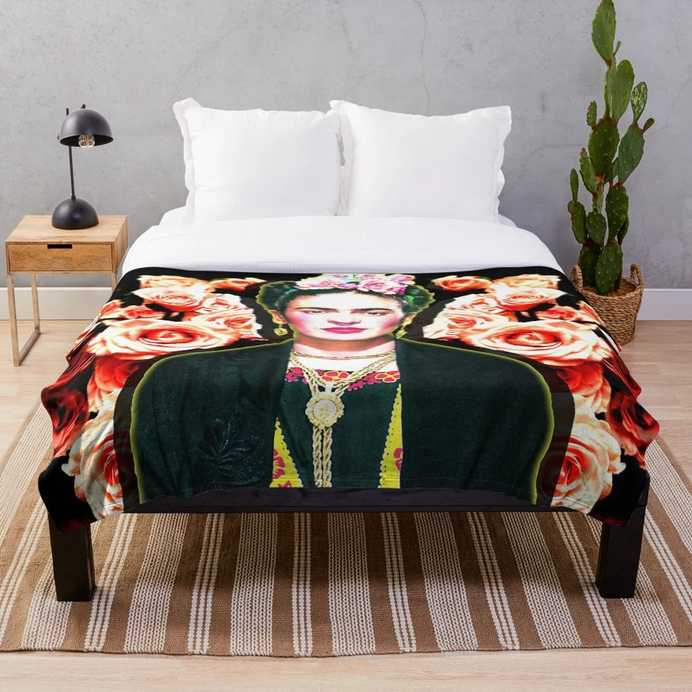 Colorful digital art portrait of Frida Kahlo with floral elements on a plush blanket