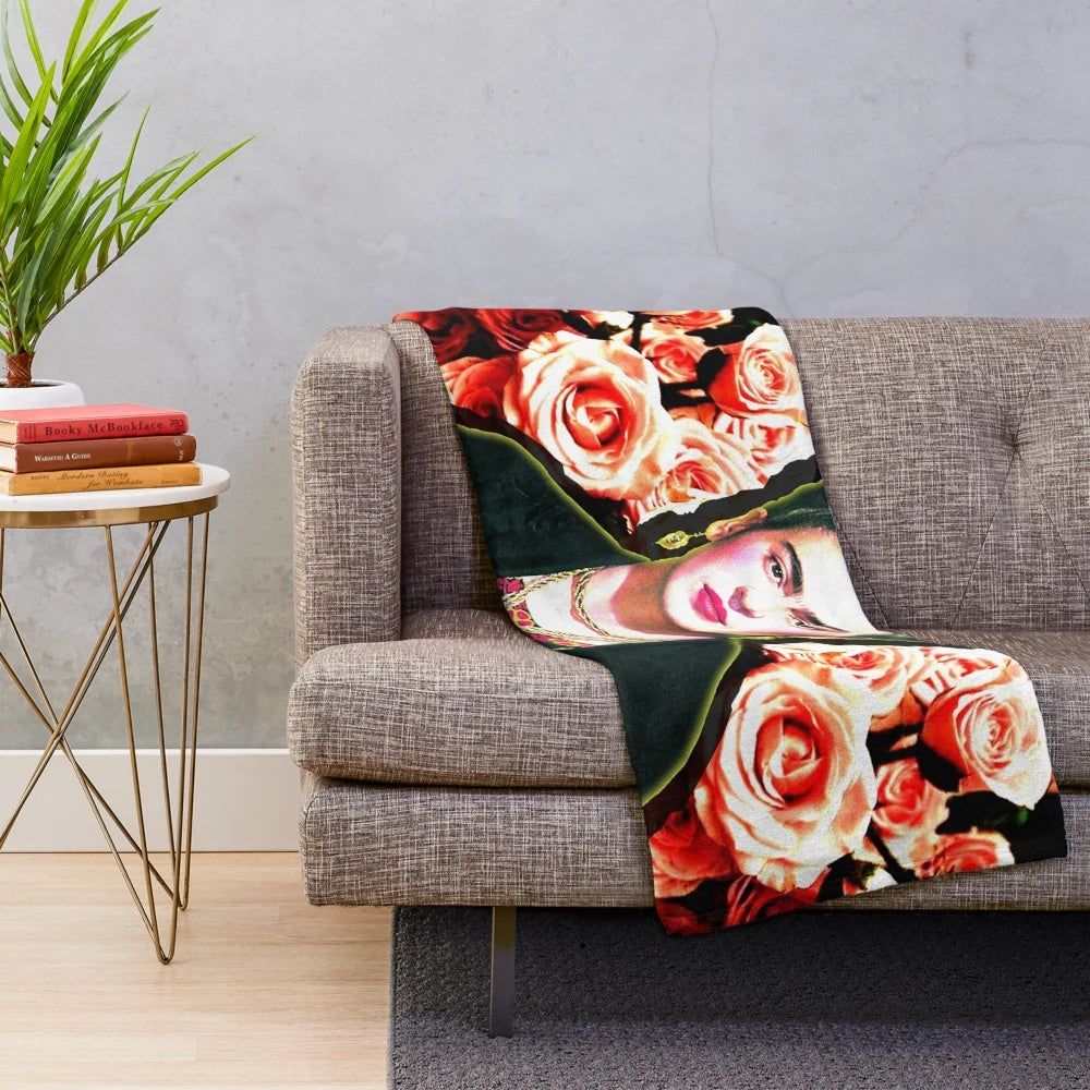 Colorful digital art portrait of Frida Kahlo with floral elements on a plush blanket