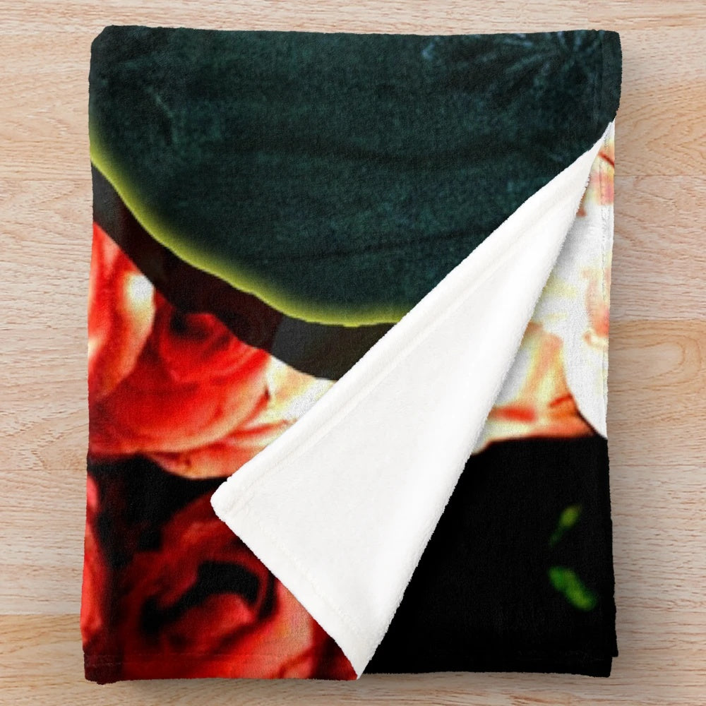 Colorful digital art portrait of Frida Kahlo with floral elements on a plush blanket