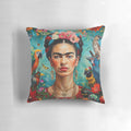 Colorful decorative pillow featuring a portrait of Frida Kahlo, the iconic Mexican artist