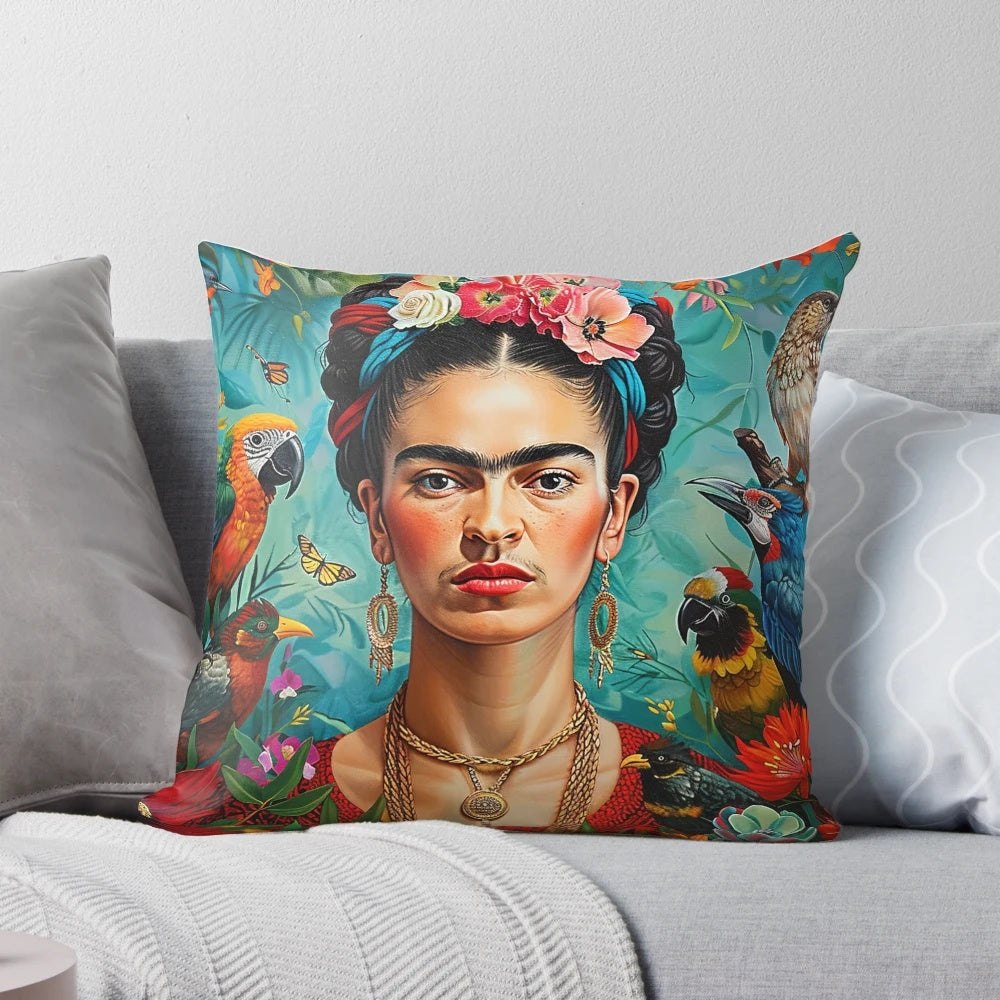 Colorful decorative pillow featuring a portrait of Frida Kahlo, the iconic Mexican artist