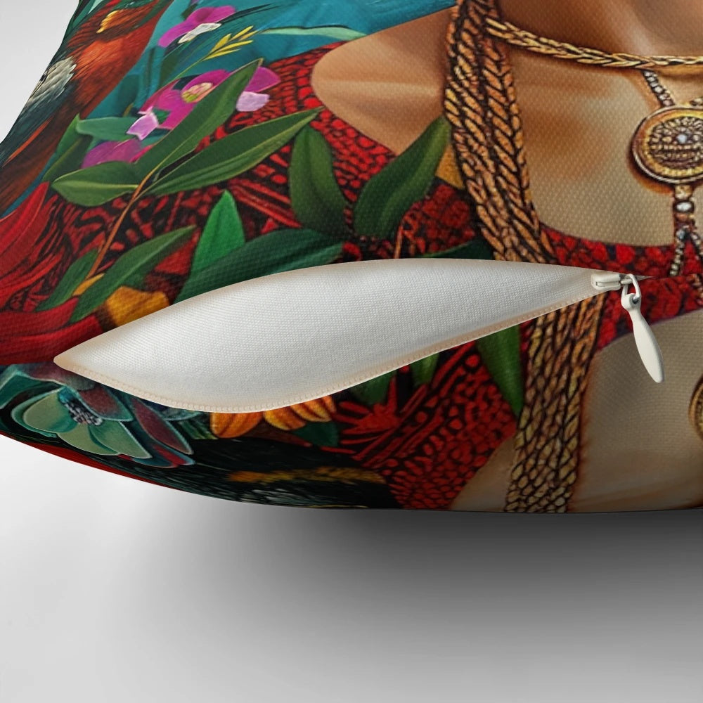Colorful decorative pillow featuring a portrait of Frida Kahlo, the iconic Mexican artist