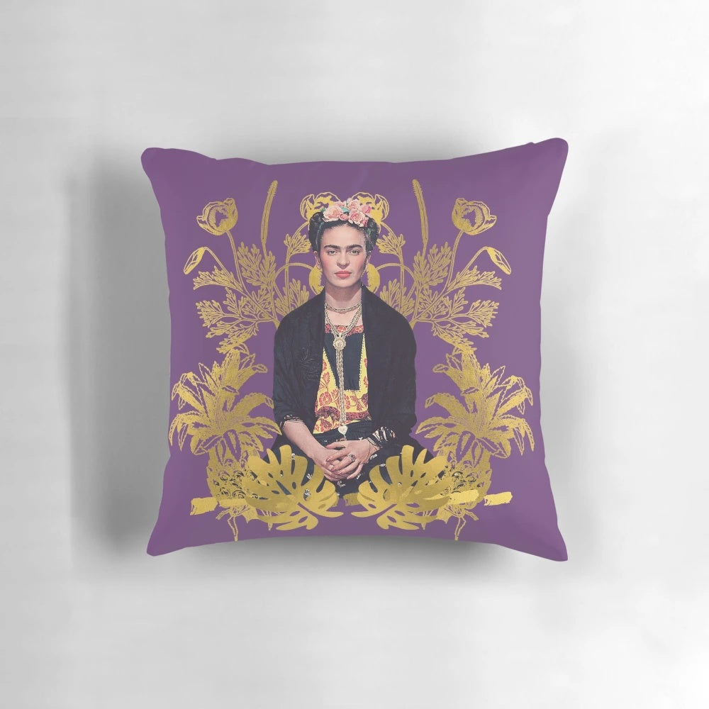 Colorful Frida Kahlo portrait featuring golden flowers and a purple background