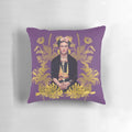 Colorful Frida Kahlo portrait featuring golden flowers and a purple background