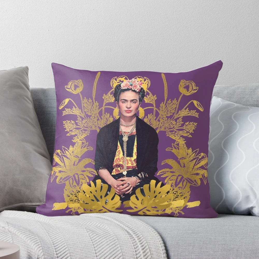 Colorful Frida Kahlo portrait featuring golden flowers and a purple background