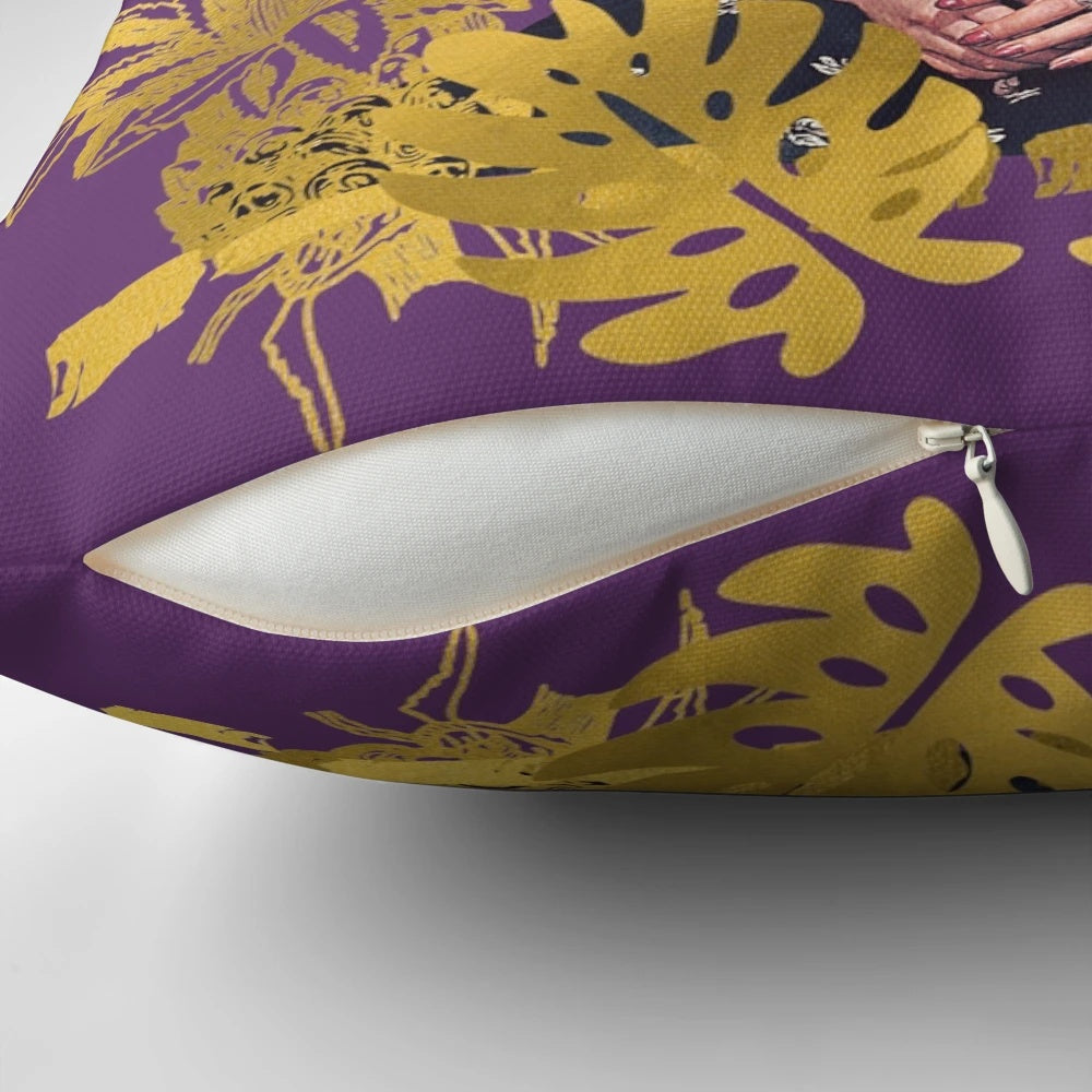Colorful Frida Kahlo portrait featuring golden flowers and a purple background