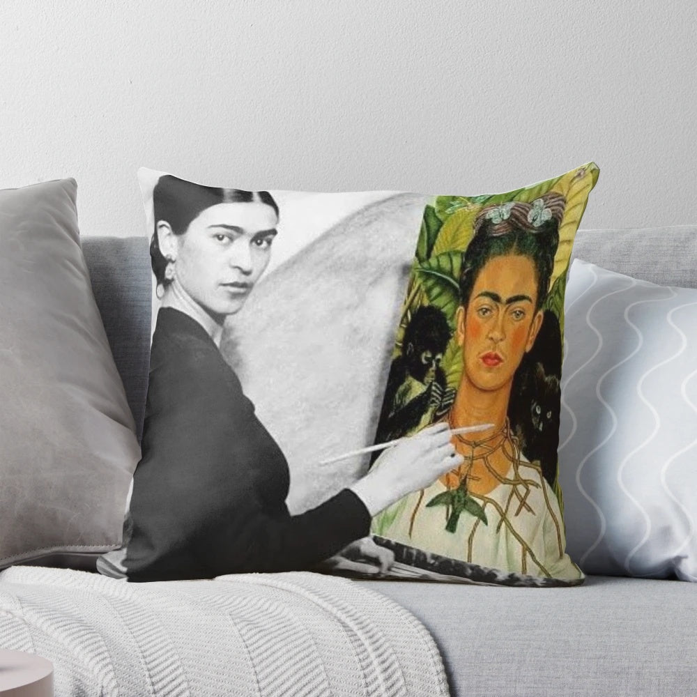 Colorful retro pillow featuring the iconic portrait of Mexican artist Frida Kahlo