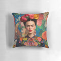Colorful throw pillow featuring the iconic Frida Khalo portrait surrounded by a lush floral arrangement.