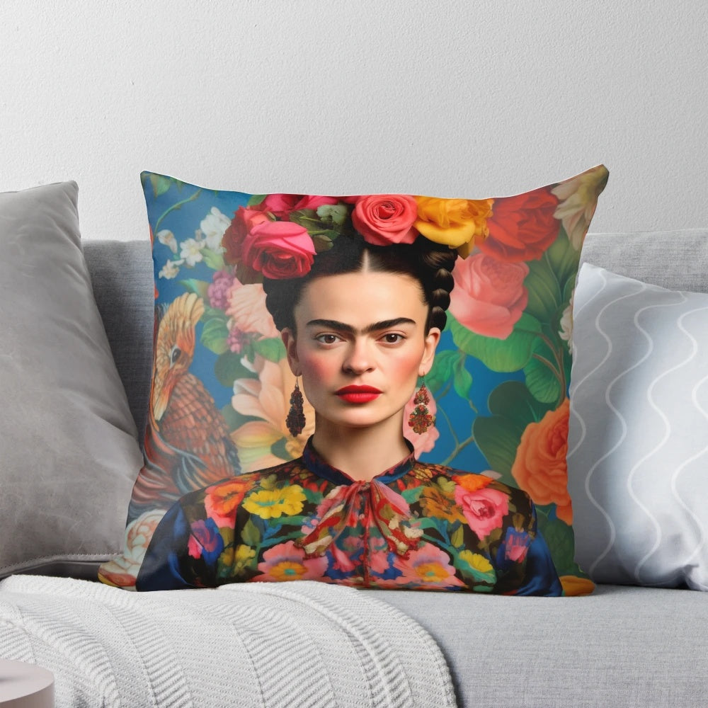 Colorful throw pillow featuring the iconic Frida Khalo portrait surrounded by a lush floral arrangement.