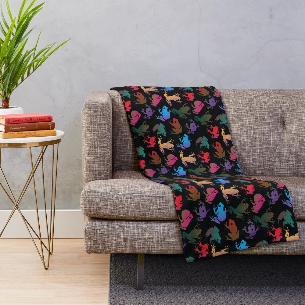 Colorful plush frog blanket with hand-drawn nature inspired pattern