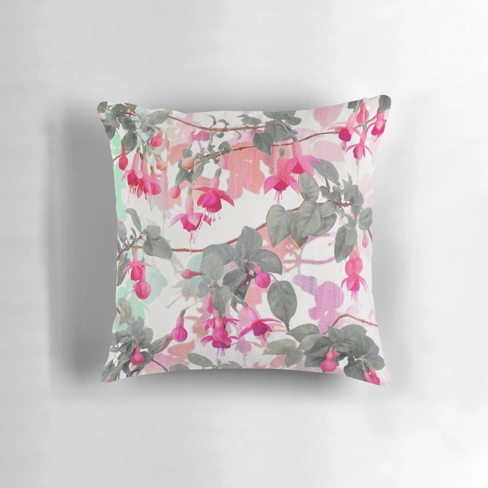 Colorful fuchsia floral pattern on a grey throw pillow, perfect for cottage core, pastel, and feminine home decor.