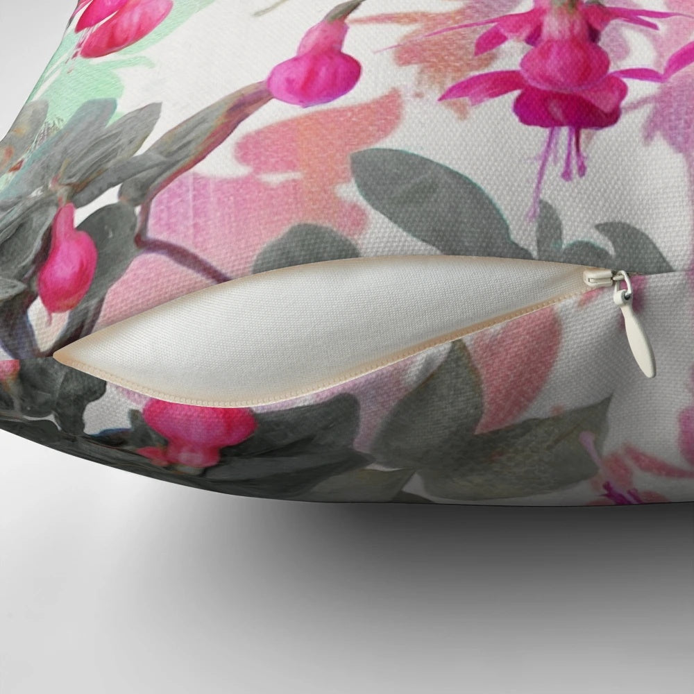 Colorful fuchsia floral pattern on a grey throw pillow, perfect for cottage core, pastel, and feminine home decor.