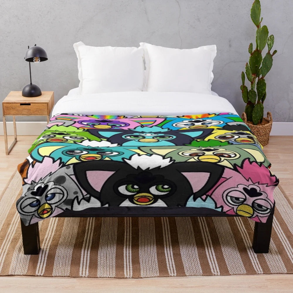 Colorful furby plush throw blanket with 90s pop art design