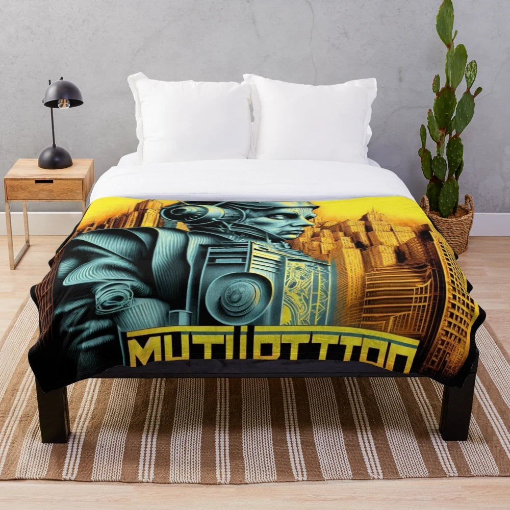 Colorful futuristic cinema-themed plush blanket